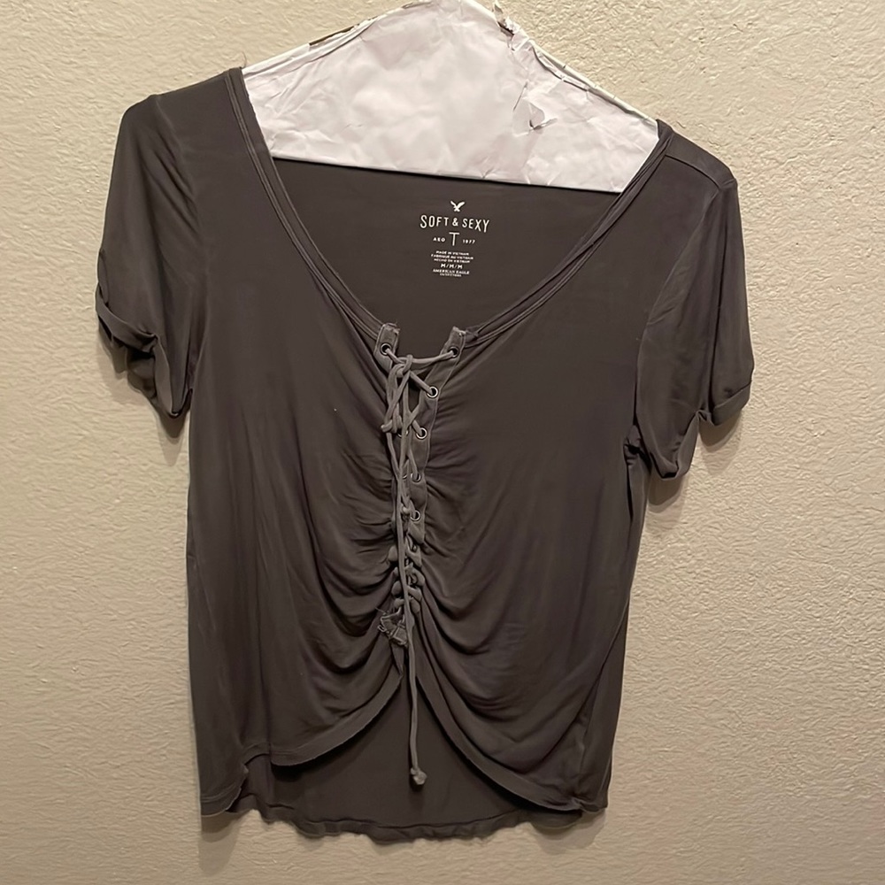 Grey acid wash front tie tshirt